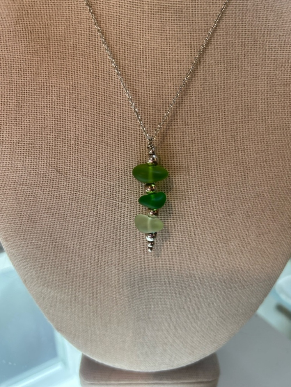 Green Sea Glass Drop Pendant Sterling Silver Necklace - Women Jewelry